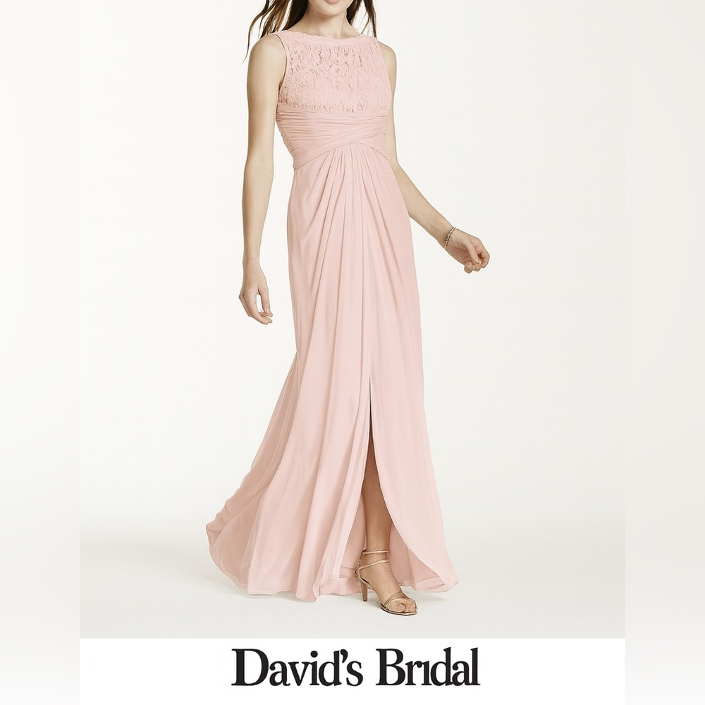 David’s Bridal Blush Pink Lace Bodice Ruched Chiffon Bridesmaid Gown Sz 10